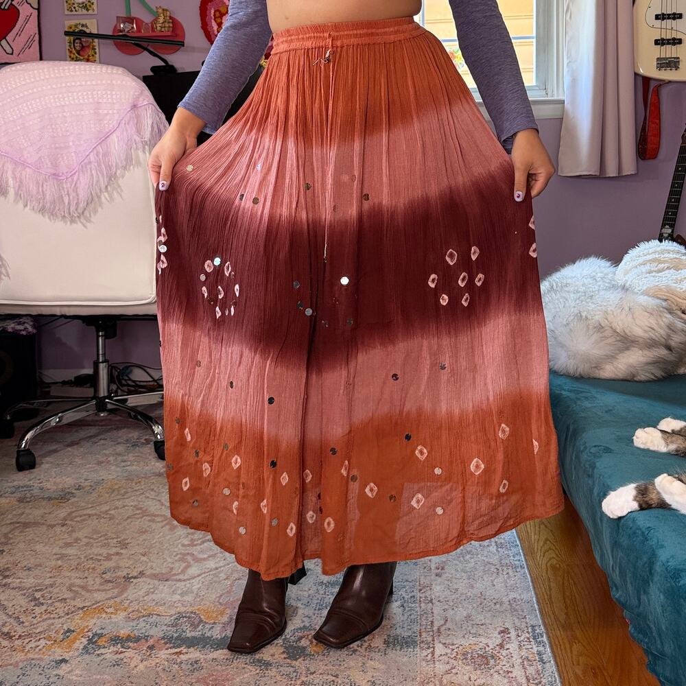 Vintage Y2K boho orange sequin tie dye maxi skirt